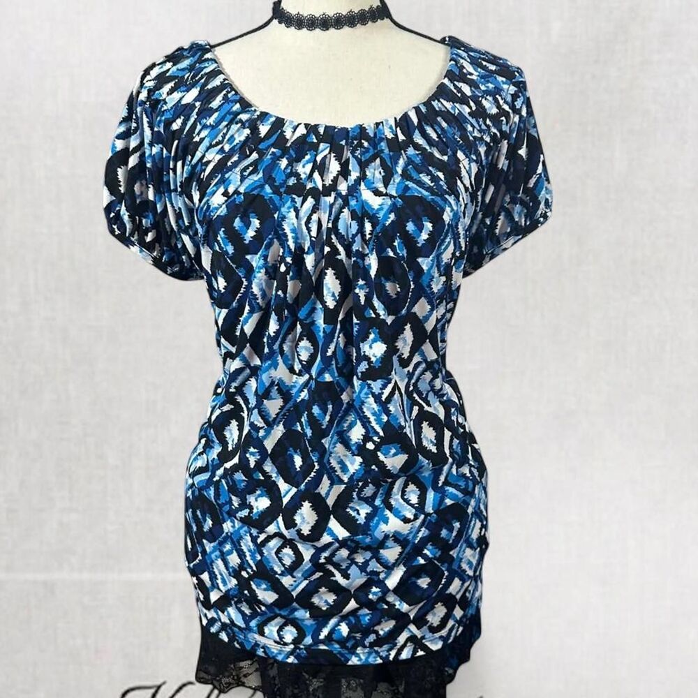 Style & Co. Blue Black White Patterned Short Sleeve Blouse